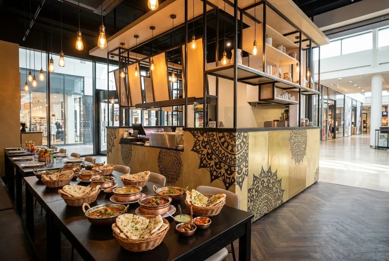 Een lange tafel bij de toonbank van Baahu, gedekt met karahi's en manden naan