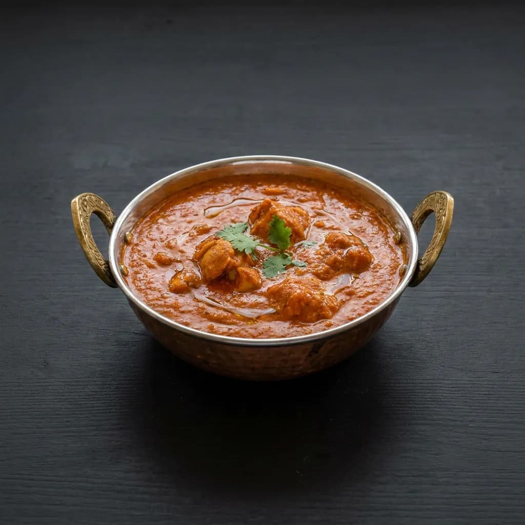 Een koperen karahi met kip in tomatensaus