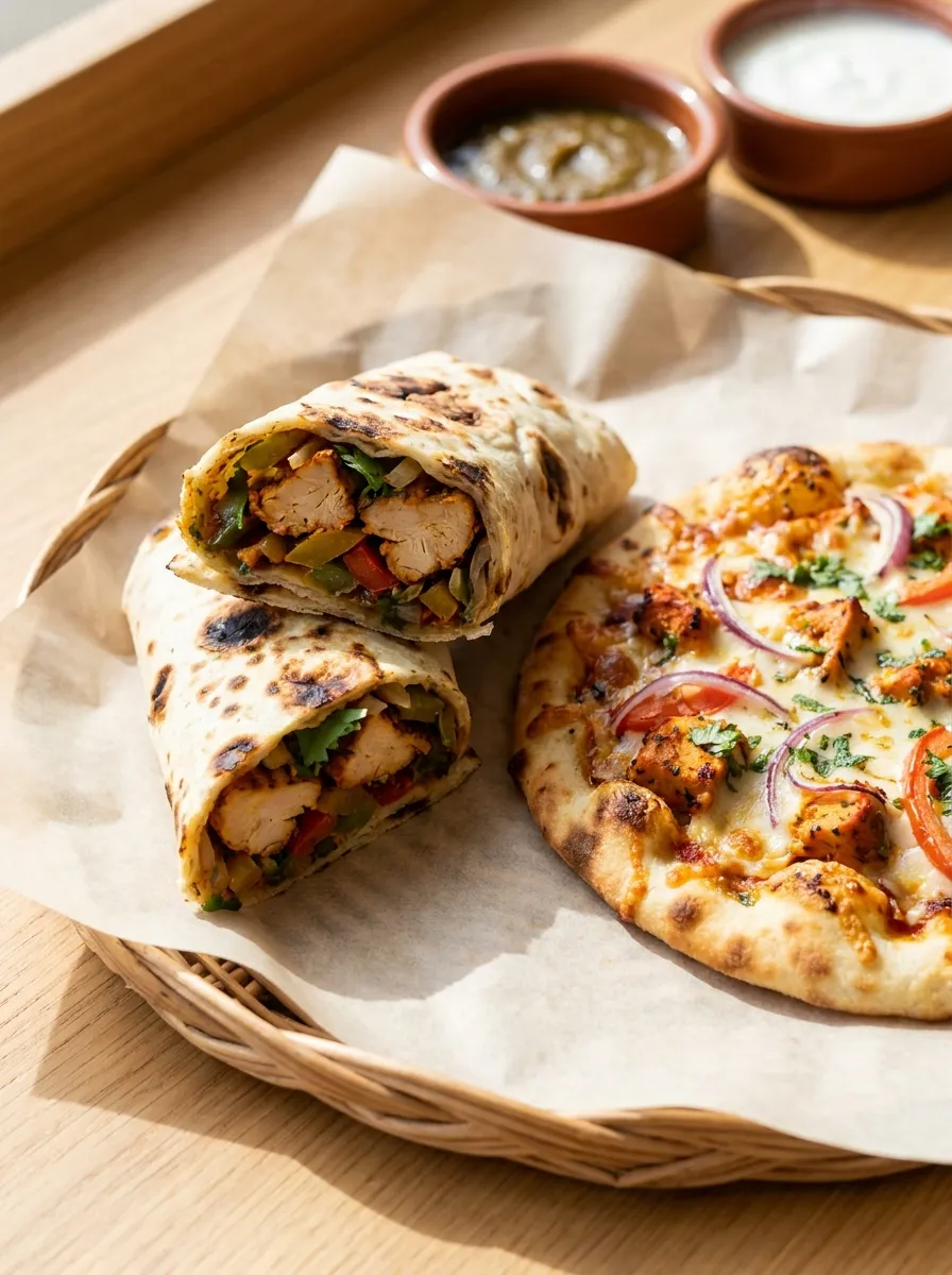Een chicken tikka naanwrap, opengesneden